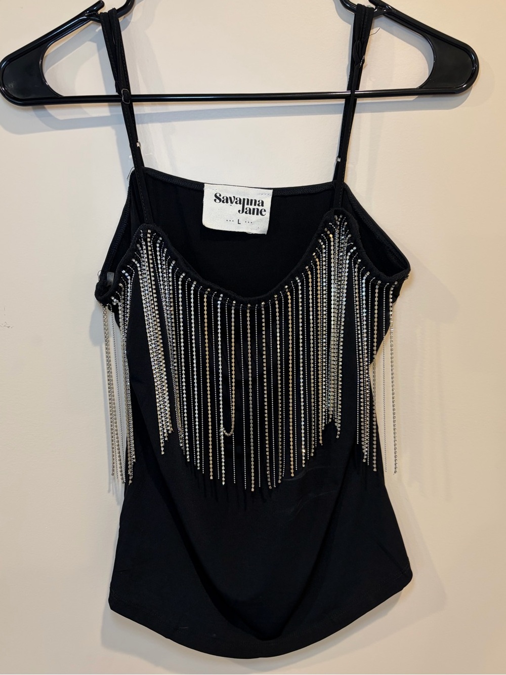 Savanna Jane Black Cami with Silver Rhinestone Fringe. Women’s.